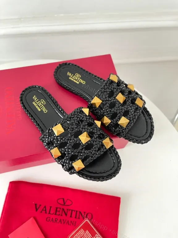 Valentino Black Braided Slides with Gold Studs - Luxury Sandal — view 1