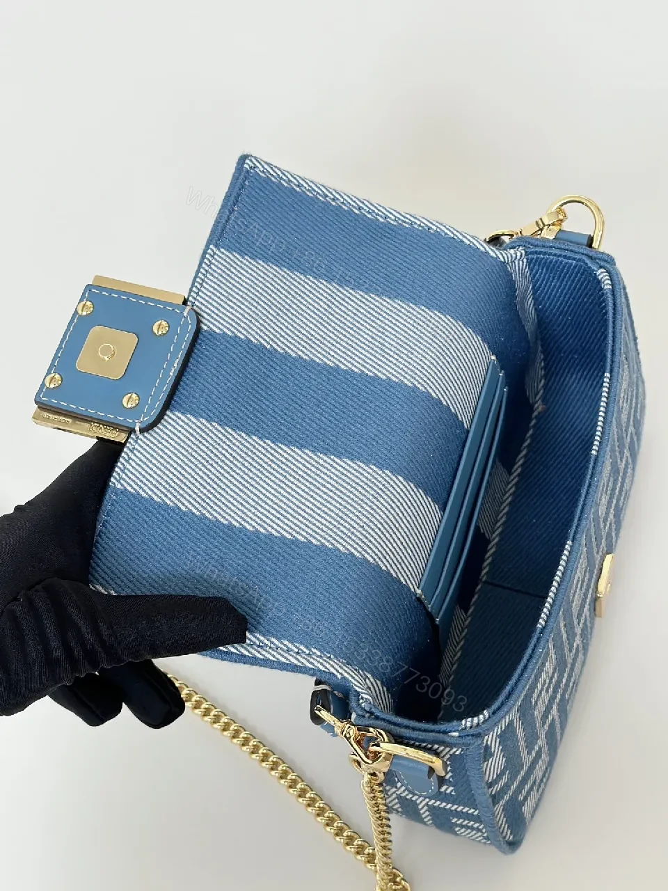 View 3 of Blue Monogram Shoulder Bag with Gold Hardware