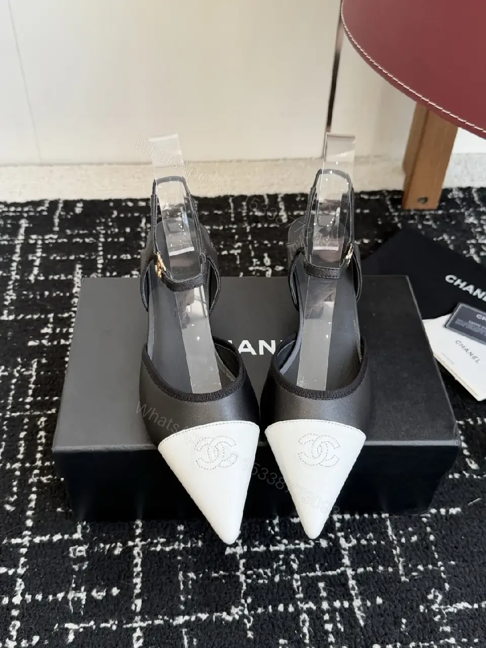 View 8 of Black White Leather Slingback Heels with Chanel Logo, Pointed Toe, 2-inch Heel