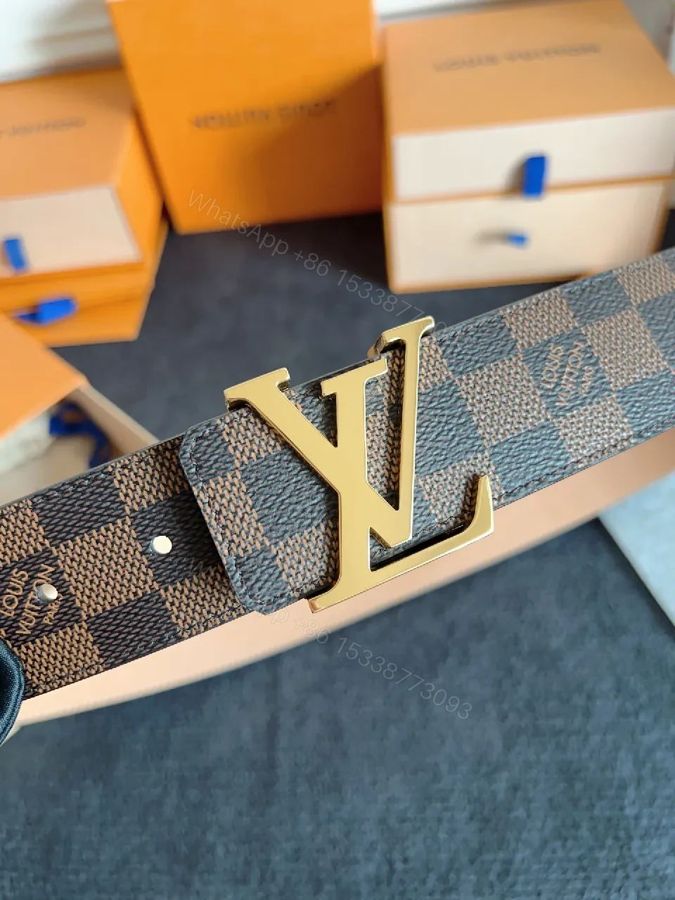 View 8 of Damier Pattern Belt: Gold Buckle, Adjustable, Luxury-Style Accessory