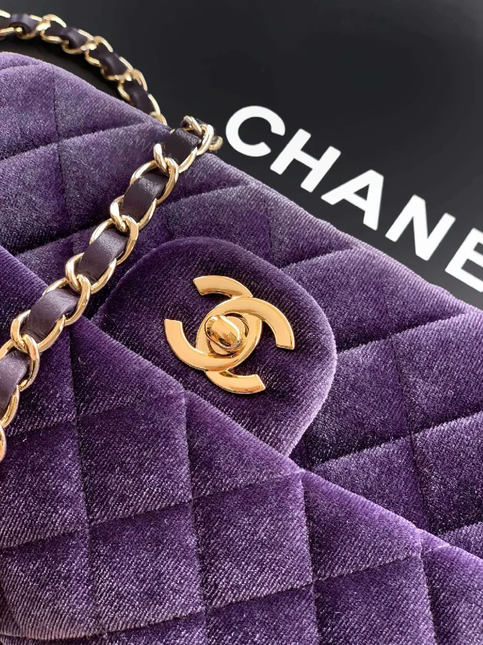 View 3 of Velvet Quilted Flap Bag with Gold Hardware - Chic Purple