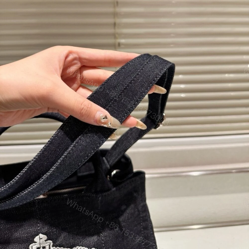 View 5 of Prada Logo Printed Denim Tote Bag Black 26Cm