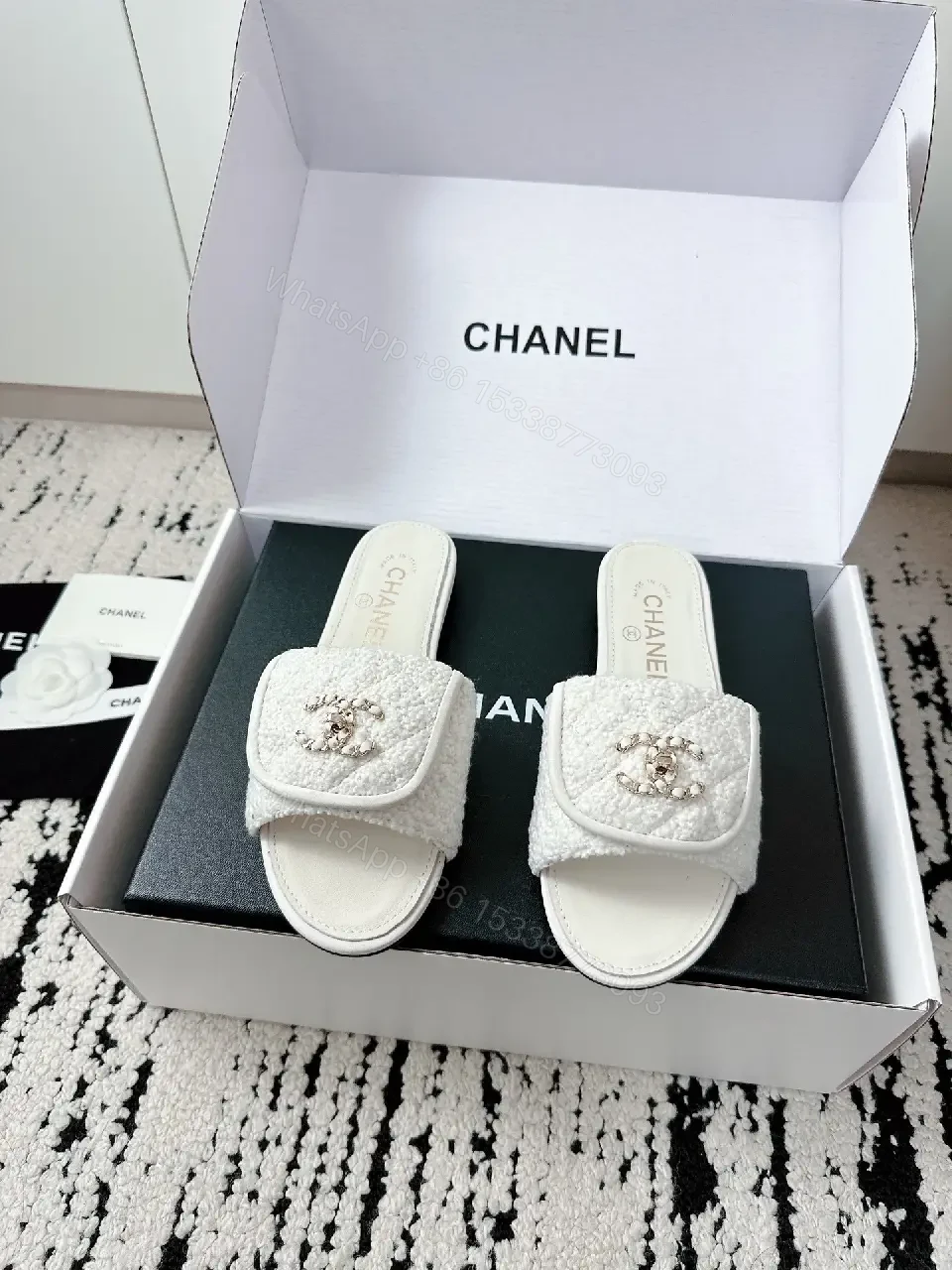 View 6 of White Bouclé Slip-Ons: Luxe Chanel-Esque Comfort Slides