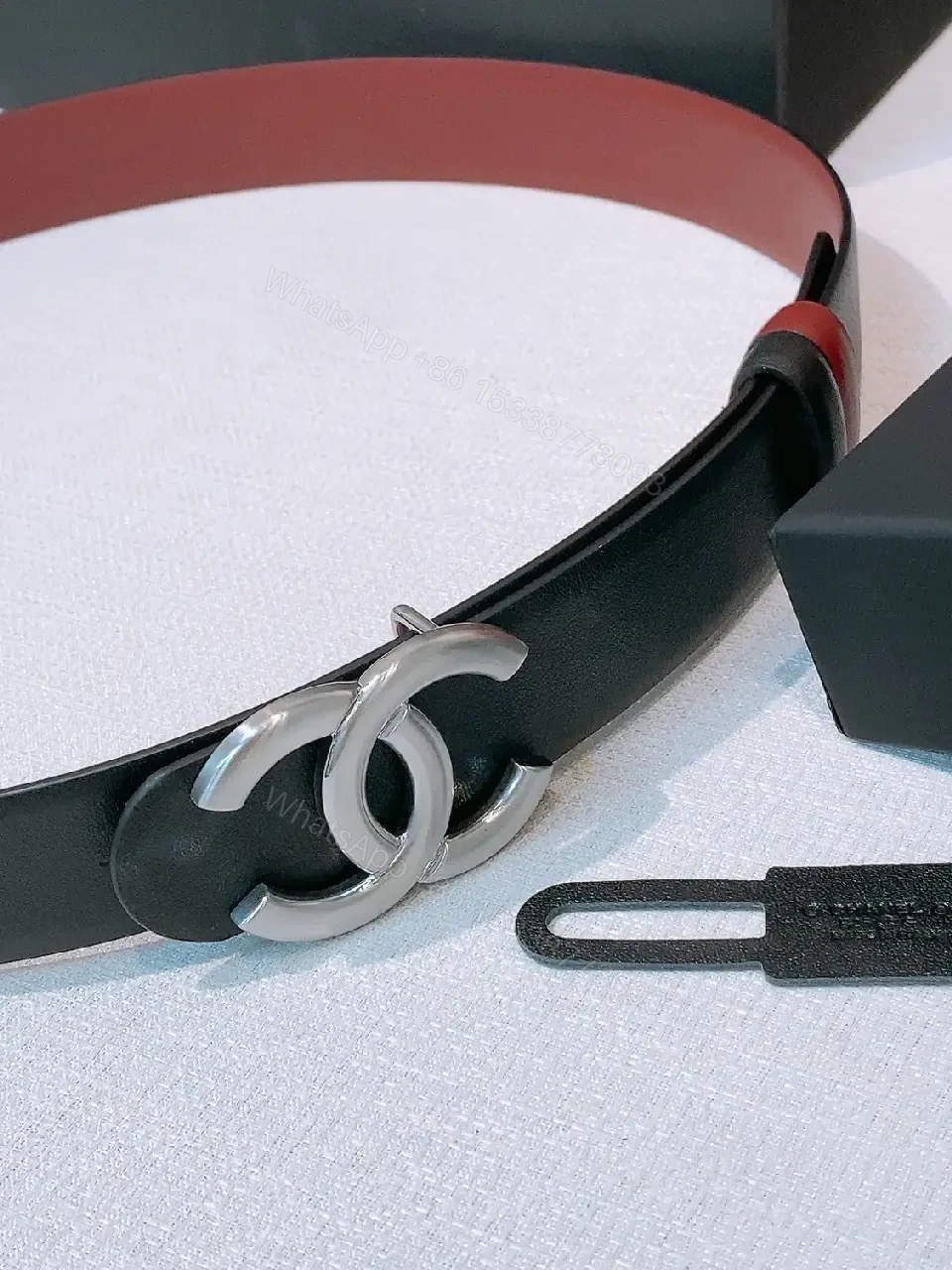View 4 of Refined Black & Red Leather Belt with Double-CC Clasp