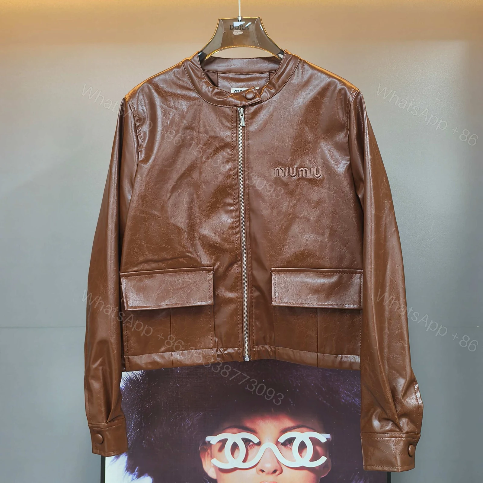 View 2 of Miumiu Crop Top Jacket Brown Leather