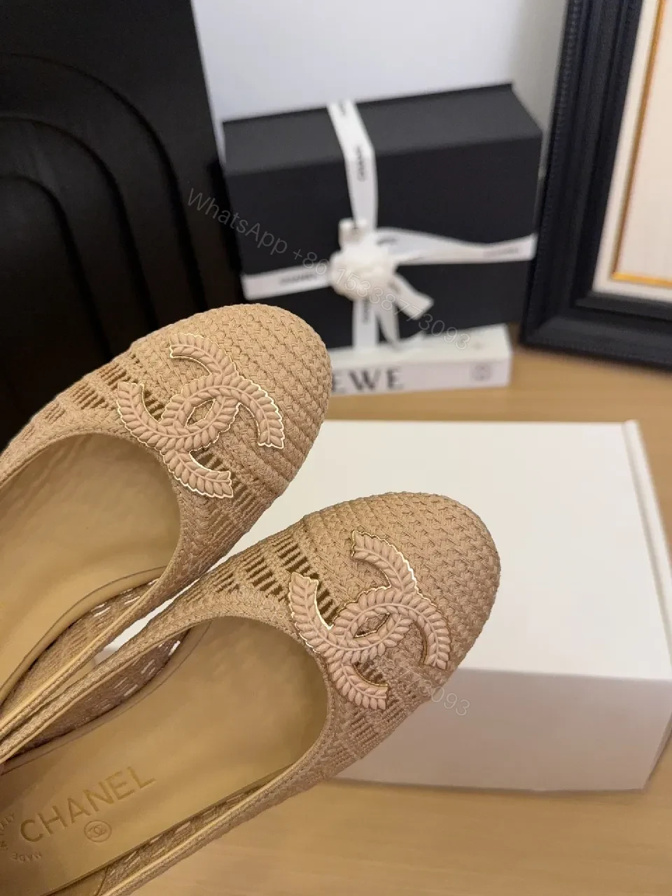 View 8 of Beige Woven Ballet Flats with Logo Embroidery, Elegant Comfort