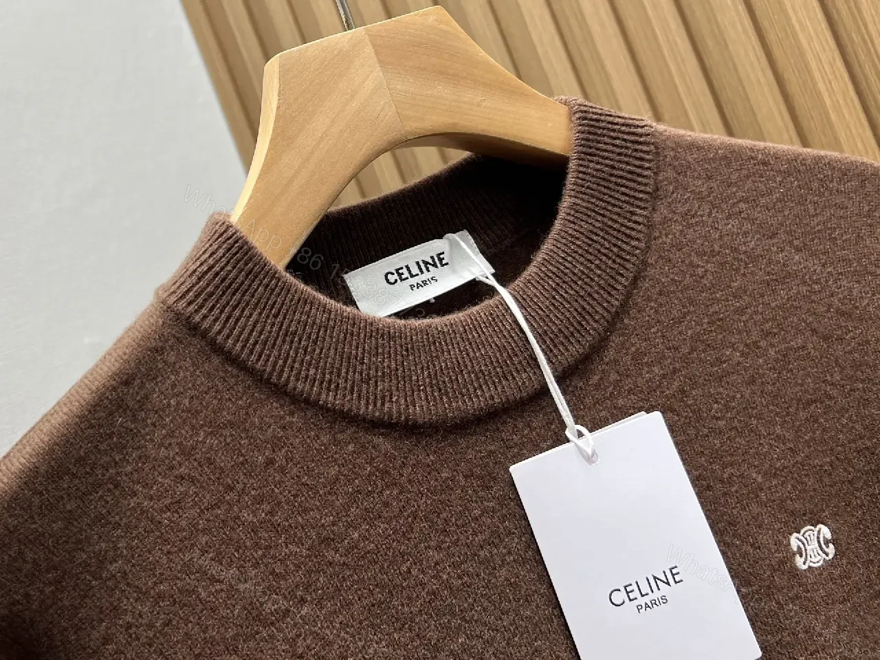 View 7 of Rich Cocoa Knit Sweater in Marled Texture with Crest Embroidery
