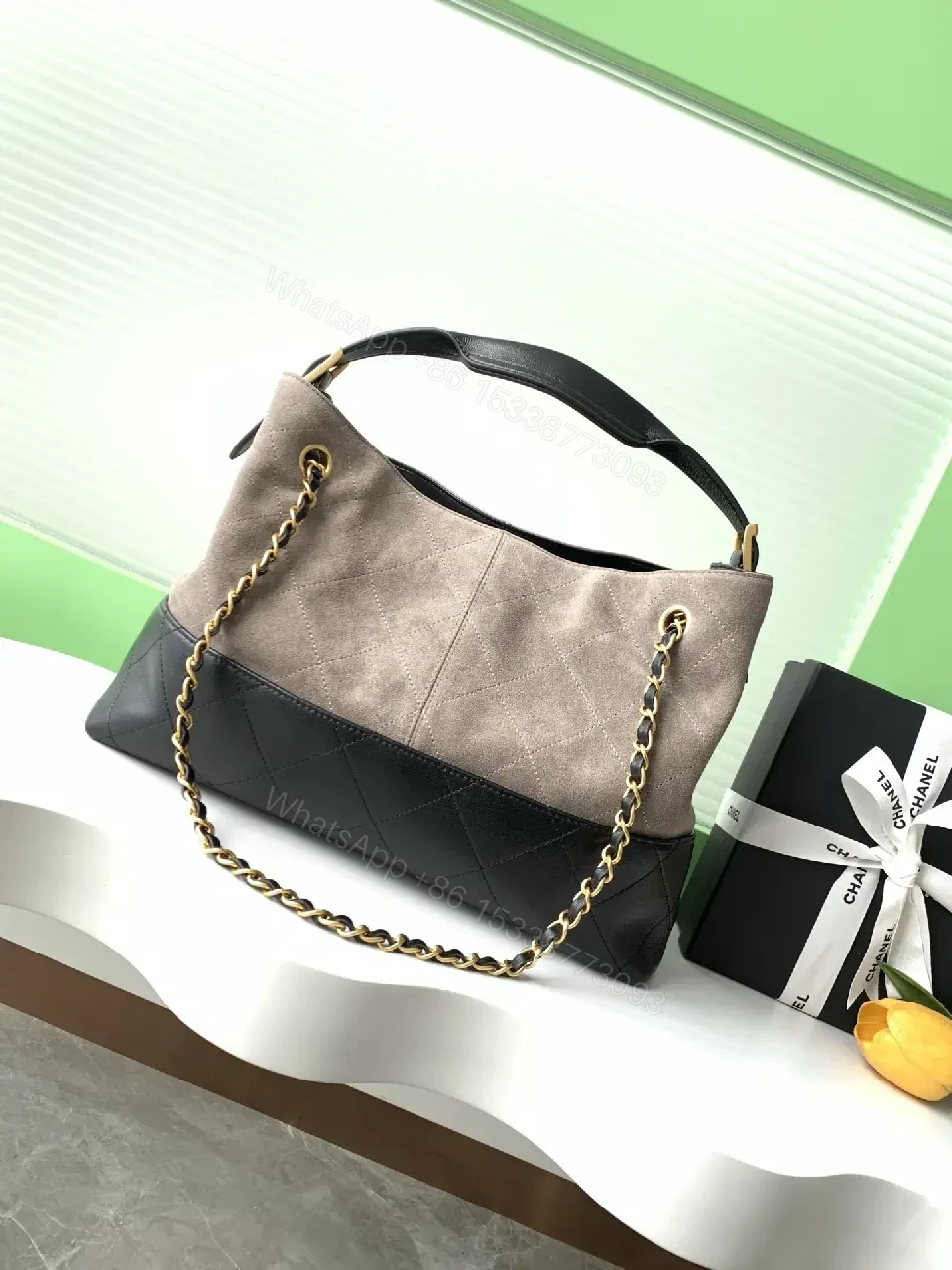 View 3 of Two-Tone Quilted Tote with Gold Chain Strap: Everyday Luxe Bag