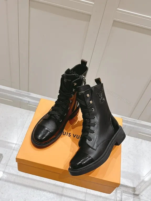 View 9 of Glossy Black Combat Boot - Louis Vuitton-Inspired Detailing, All-Day Comfort