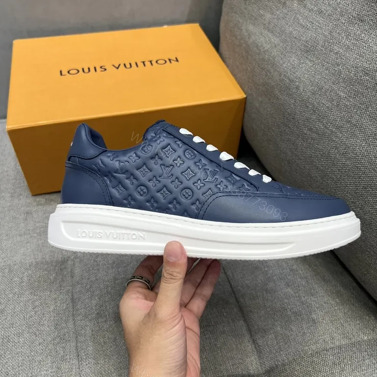 View 4 of Navy Leather LV-Patterned Low-Top Sneakers â€” Modern Luxury