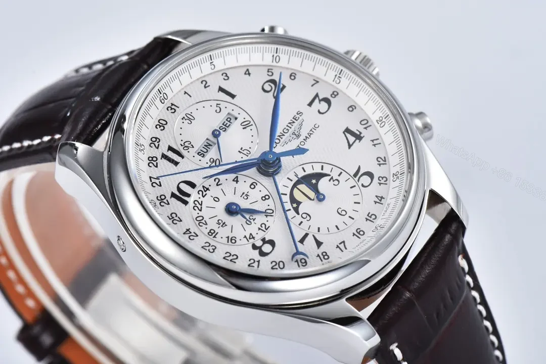 View 4 of Longines Master Collection Moonphase Chronograph Watch Silver Dial Blue Hands Brown Leather Strap 42mm Case