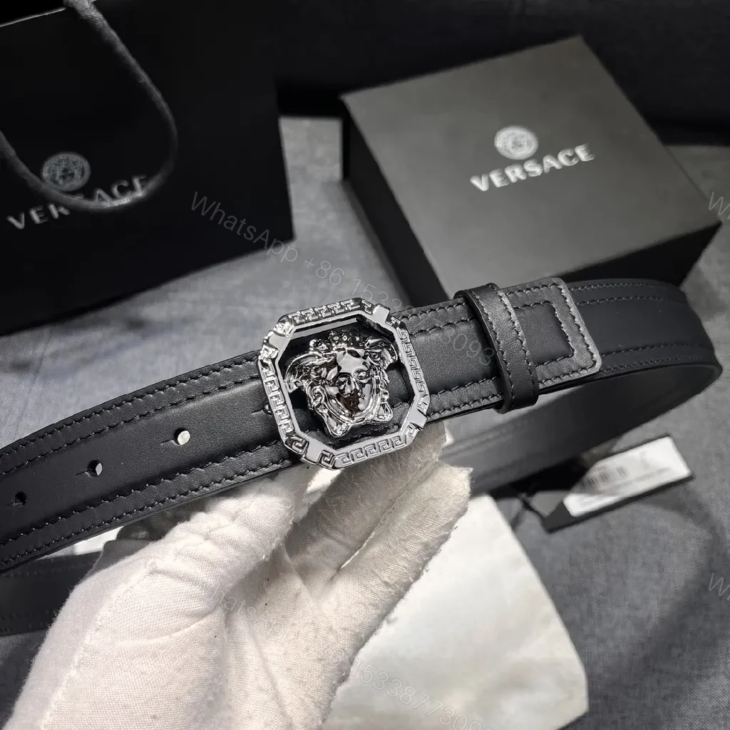 View 6 of Bold Black Leather Belt with Medusa Buckle - Crystalline Edge Accessory