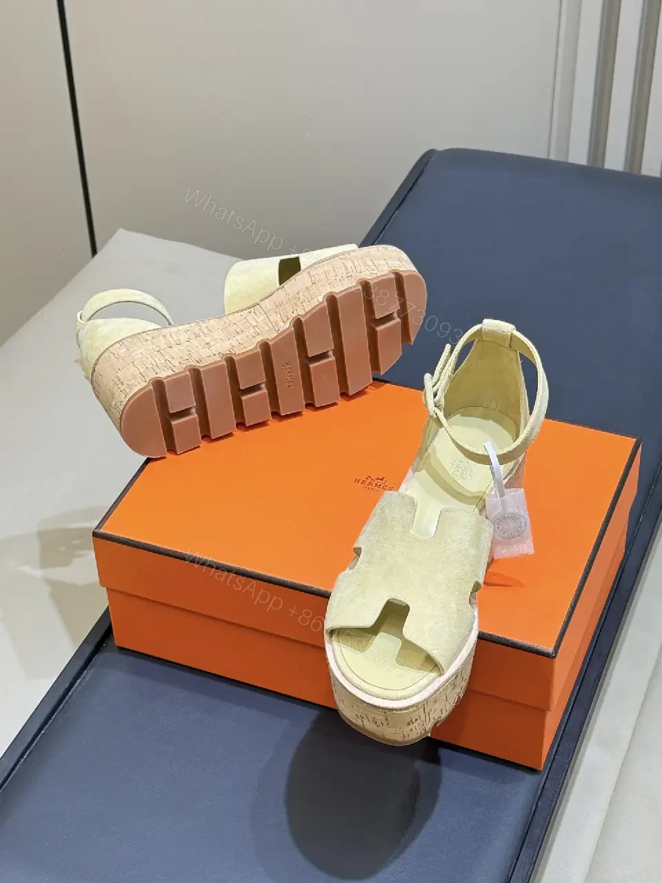 View 6 of Neutral Suede Open-Toe Sandals with Cork-Wedge Platform, Chic, All-Day Comfort