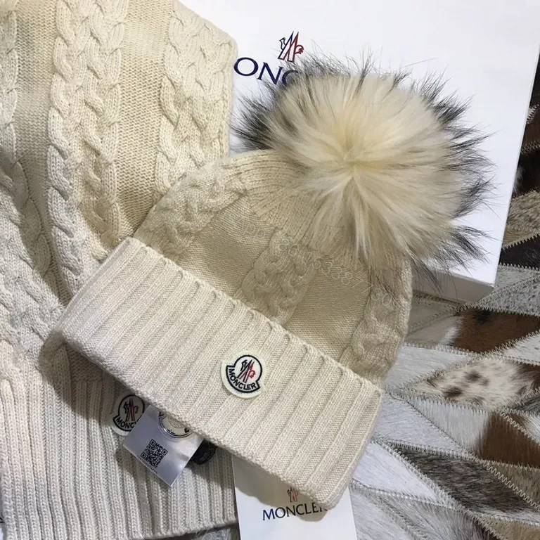 View 4 of Neutral Beige Moncler Knit Set: Wool-Blend Scarf & Beanie