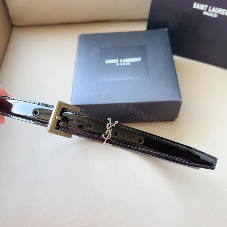 View 4 of Black Patent Belt with YSL Buckle â€” Parisian Minimalist Luxury Belt