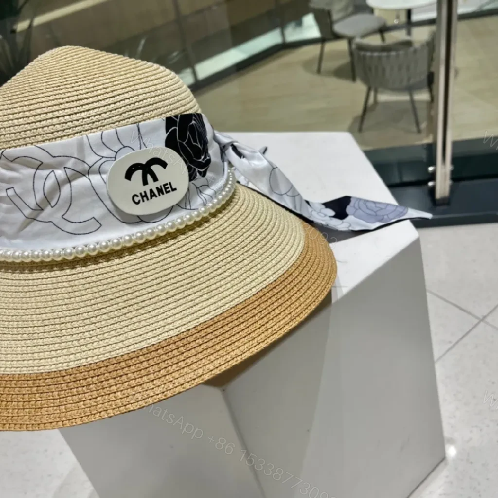 View 3 of Chic Wide-Brim Straw Hat with Pearl Band Detail