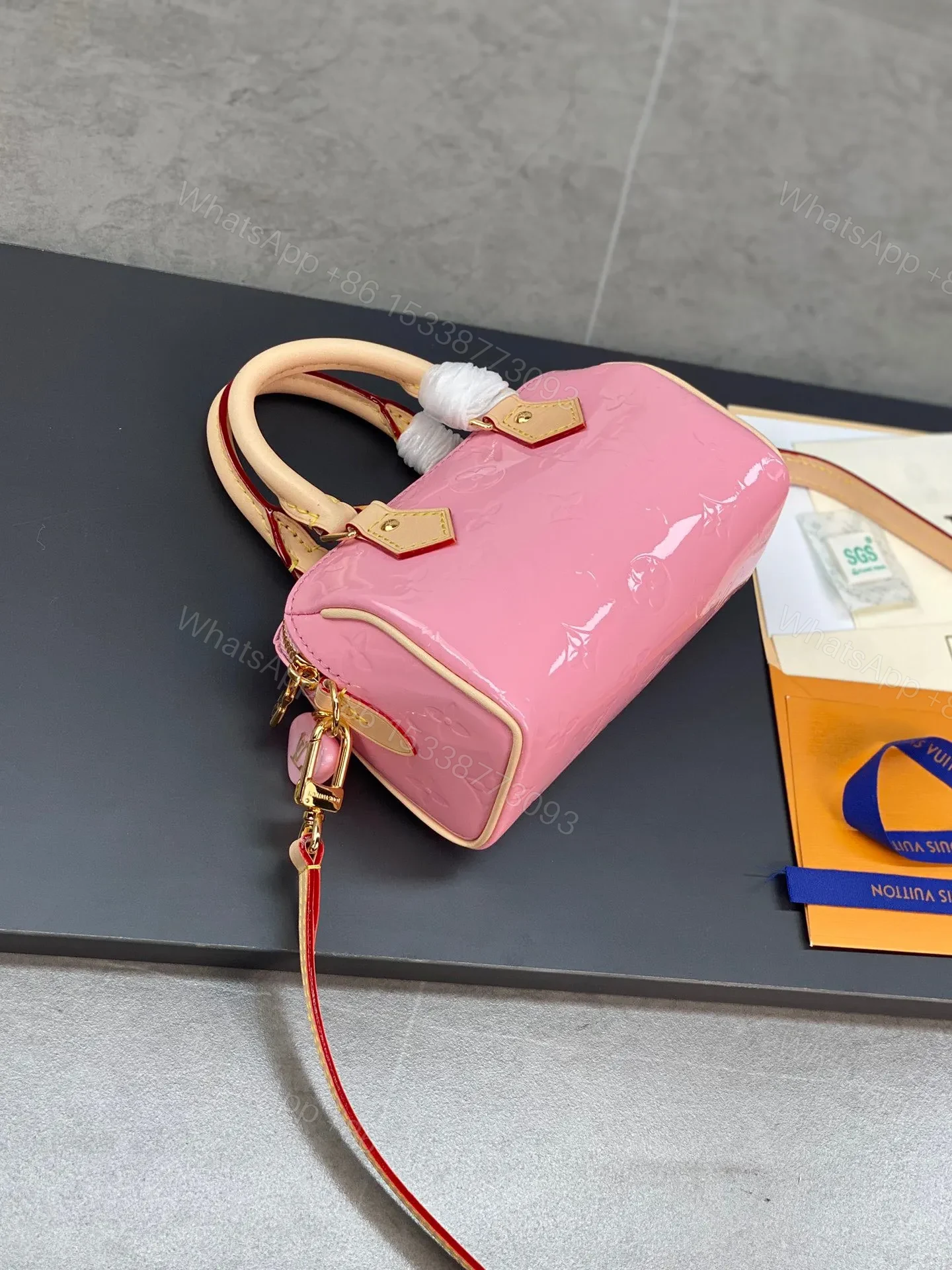 View 3 of Louis Vuitton LV Nano Speedy Pink Mini Like Auth Shiny Leather Handbags 16x10x7.5cm