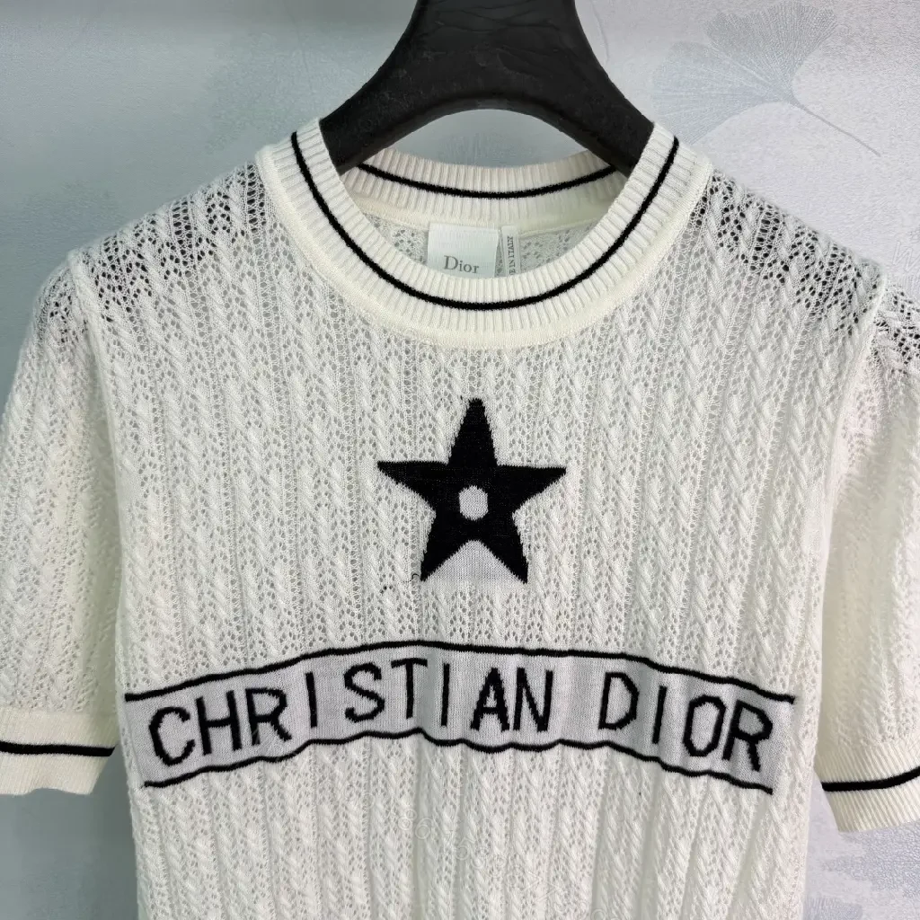 View 5 of White/Gray/Black Knit Short-Sleeve with Star Logo, Cable Knit, Dior Banner