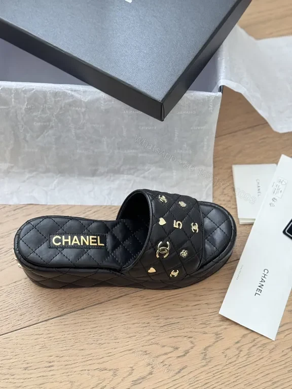 View 2 of Chanel-Inspired Quilted Slide Sandals with Gold Accents