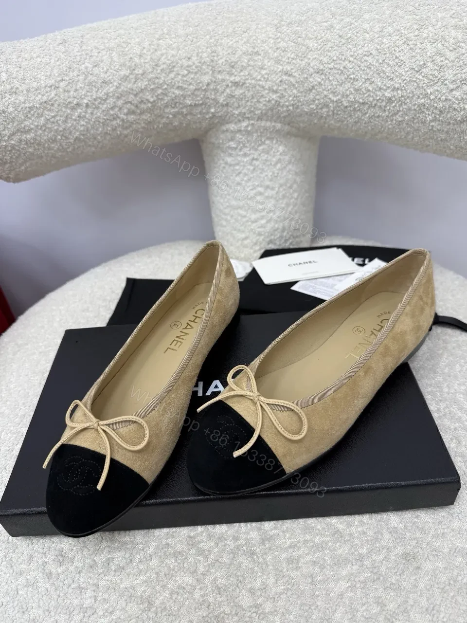 View 8 of Taupe & Black Two-Tone Ballet Flats with Bow Detailing