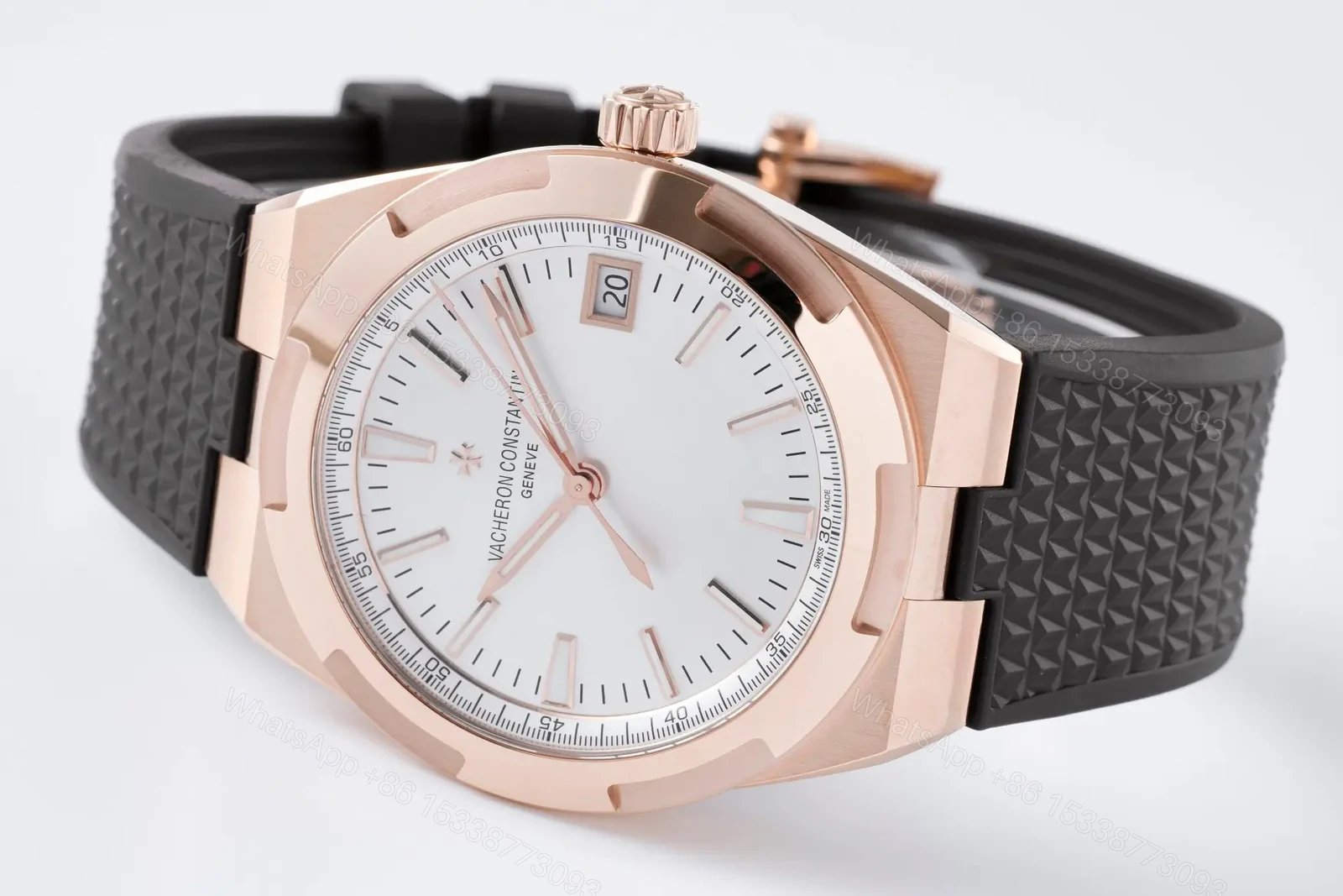 View 5 of Vacheron Constantin Overseas 4500V Series Rose Gold Watch with Black Rubber Strap – 41mm Silver Dial, Date Display, Automatic Movement