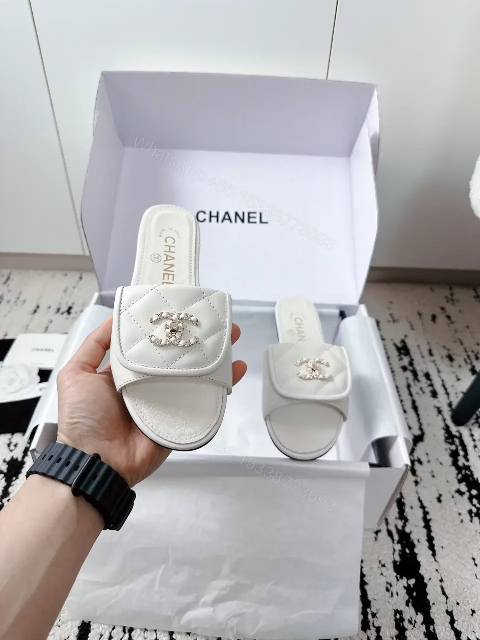 View 6 of White Leather Quilted Slides with Crystal Accent — All-Day Comfort