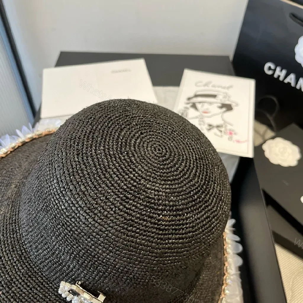 View 6 of Black Straw Hat with Pearl Logo and Crystal Trim