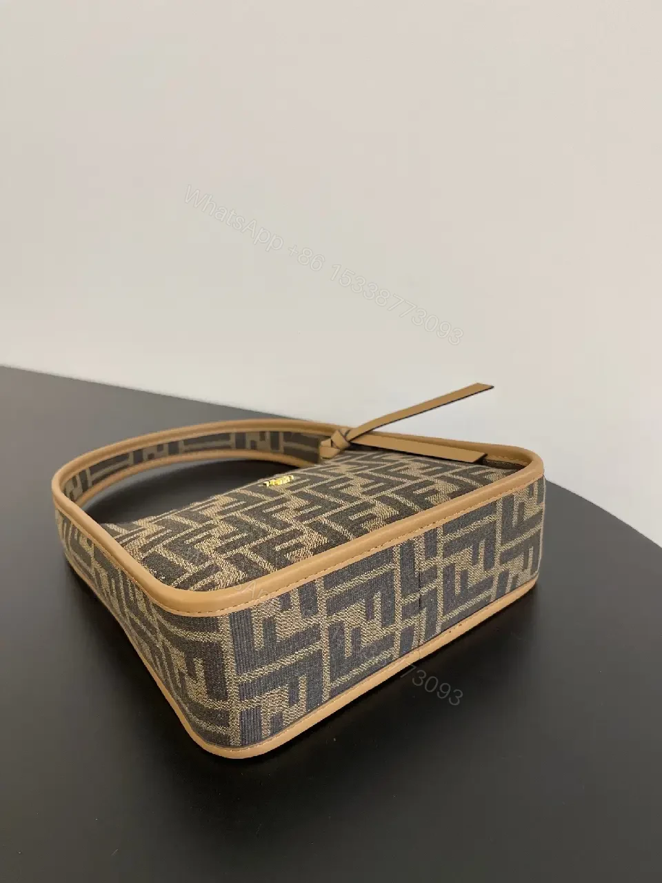 View 7 of Monogram Pattern Crossbody with Sculpted Frame, Taupe Trim