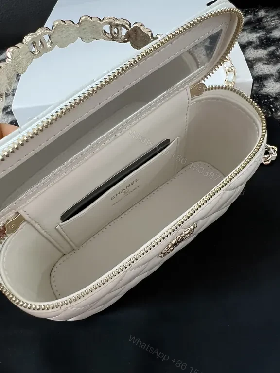 View 7 of Chic Quilted Mini Bag with Gold Emblem - White, Faux Leather, Luxe, Compact Luxury Bag