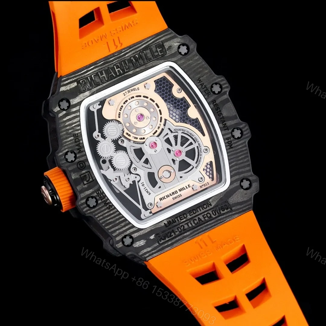 View 8 of Richard Mille RM21-01 Automatic Skeleton Watch 40MM Carbon Fiber Case Orange Strap Aerospace Structure 20 Keyway Screws Premium Edition RM-RM21-01-CF-ORG-SKL-40