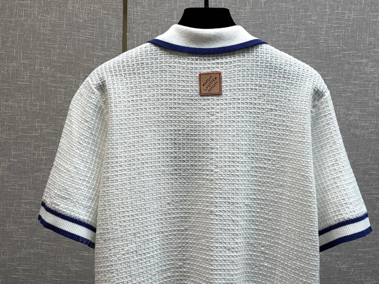 View 10 of White Knit Polo Shirt Blue Trim Louis Vuitton Style Key Pocket Polo Shirt
