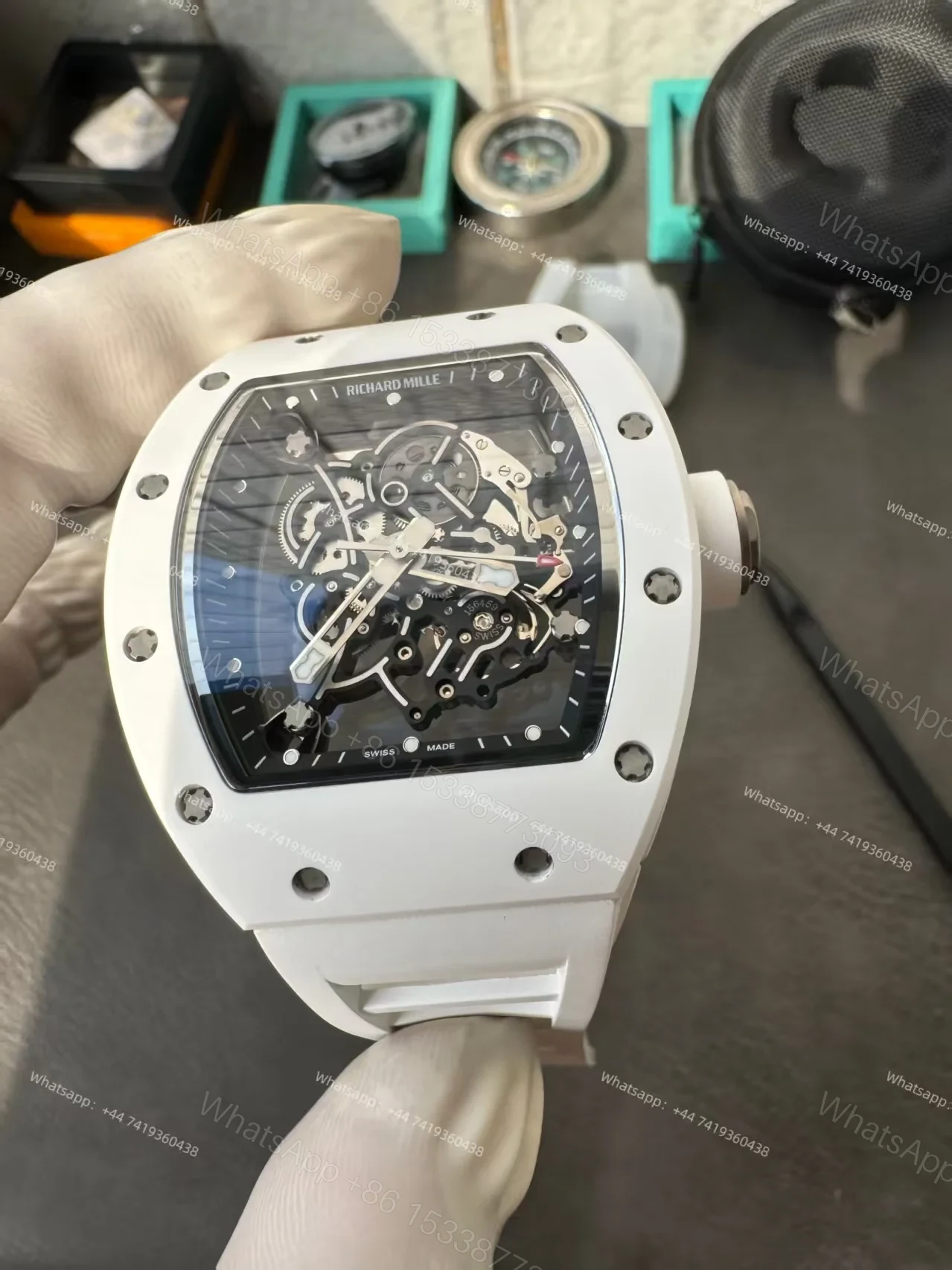 View 12 of Richard Mille RM 055 White Ceramic Skeleton Vaucher Free-Sprung Movement White Rubber Strap Custom Super Clone