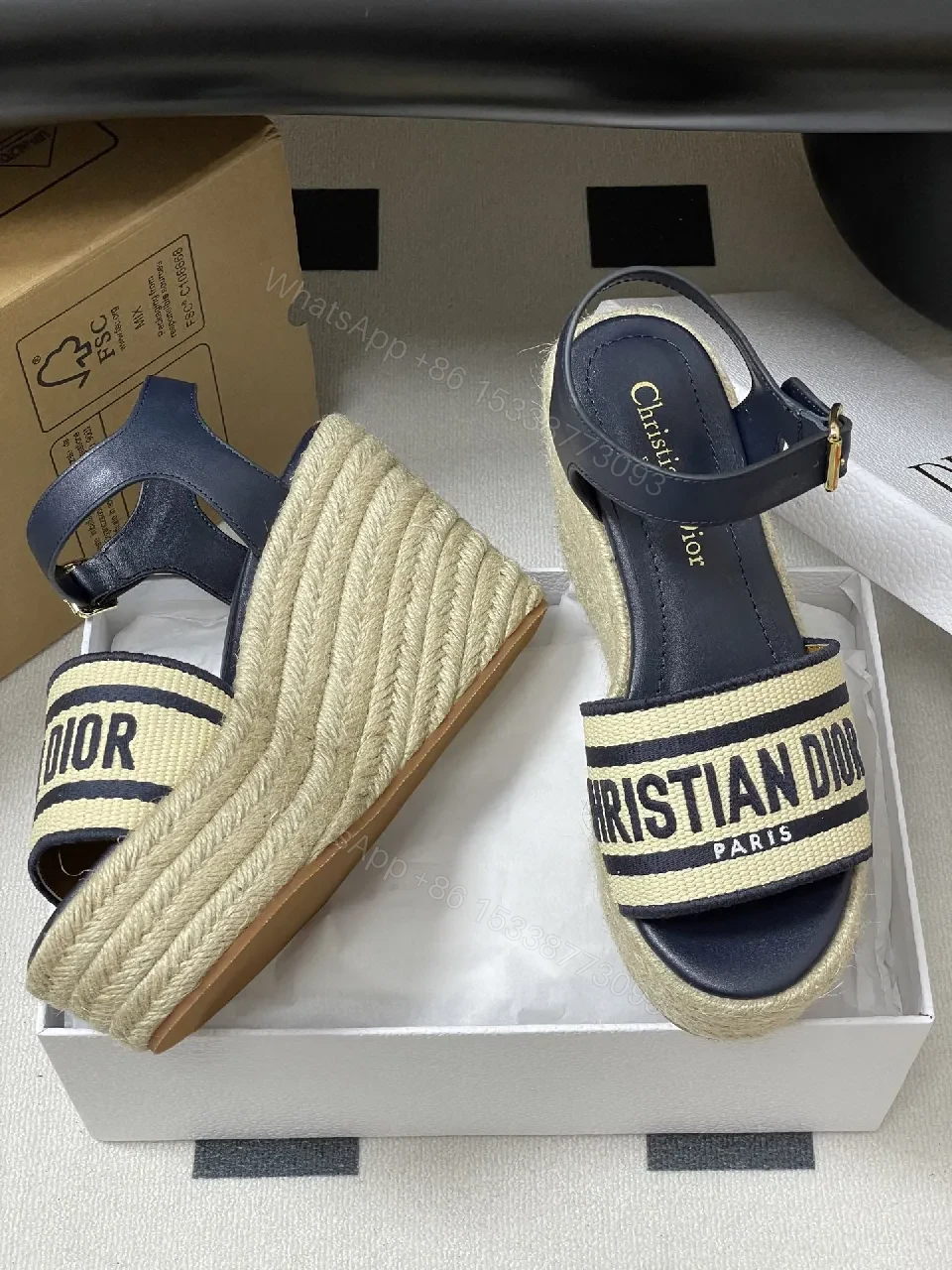 View 7 of Navy Leather Espadrille Wedge Sandals - Bold Luxe Style
