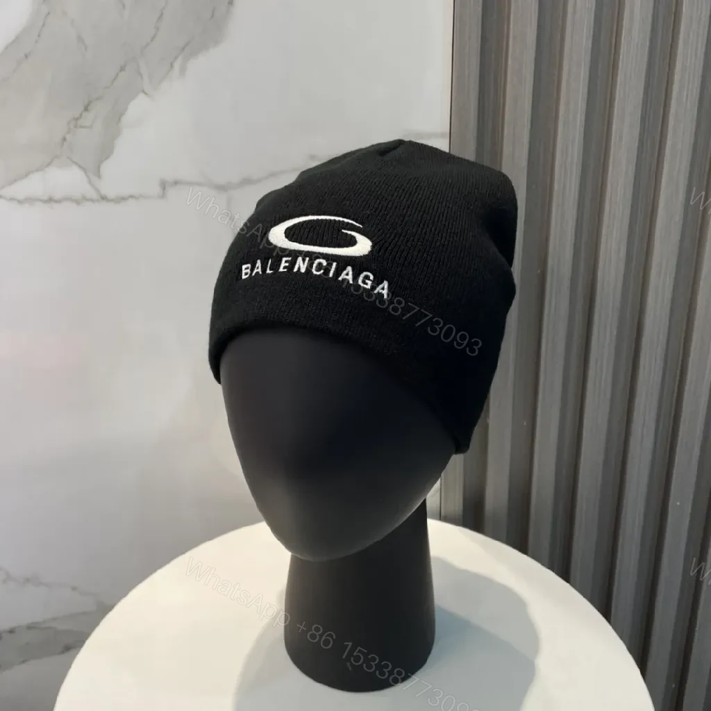 View 6 of Black Knit Balenciaga Beanie with Subtle Logo Detail
