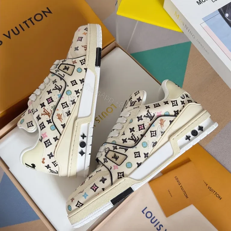 View 9 of White LV-Pattern High-Top Sneakers: Multicolor Luxury Comfort