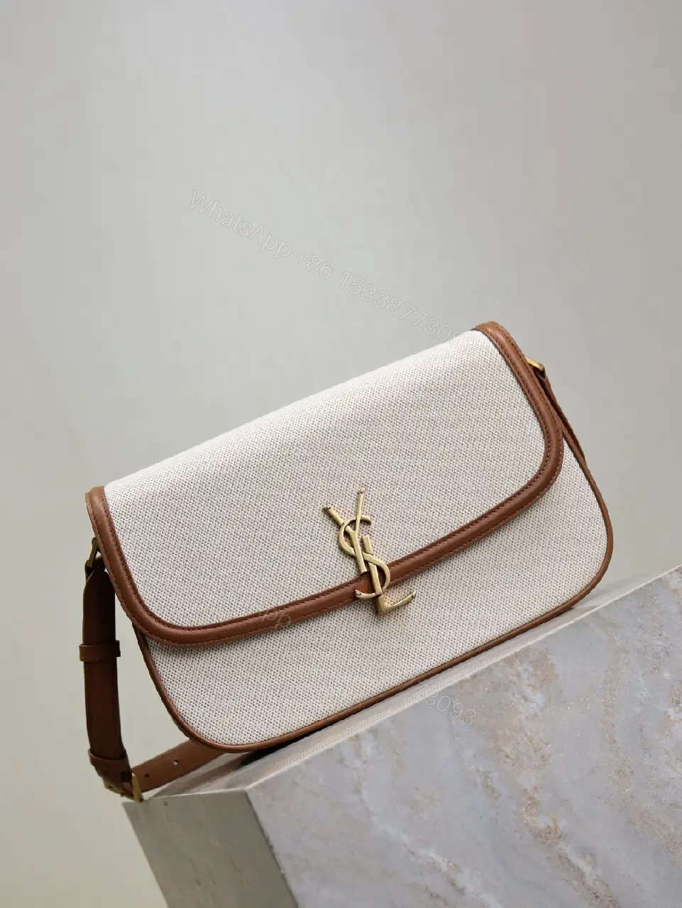 View 10 of Textured Crossbody Bag: Gold Hardware, Leather Trim, Chic Modern