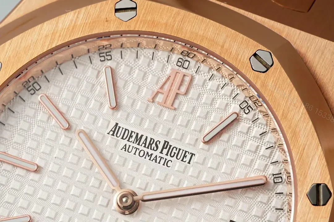 View 4 of KZ Factory Audemars Piguet Royal Oak 15202 Rose Gold Watch with White Dial and Petite Tapisserie Pattern
