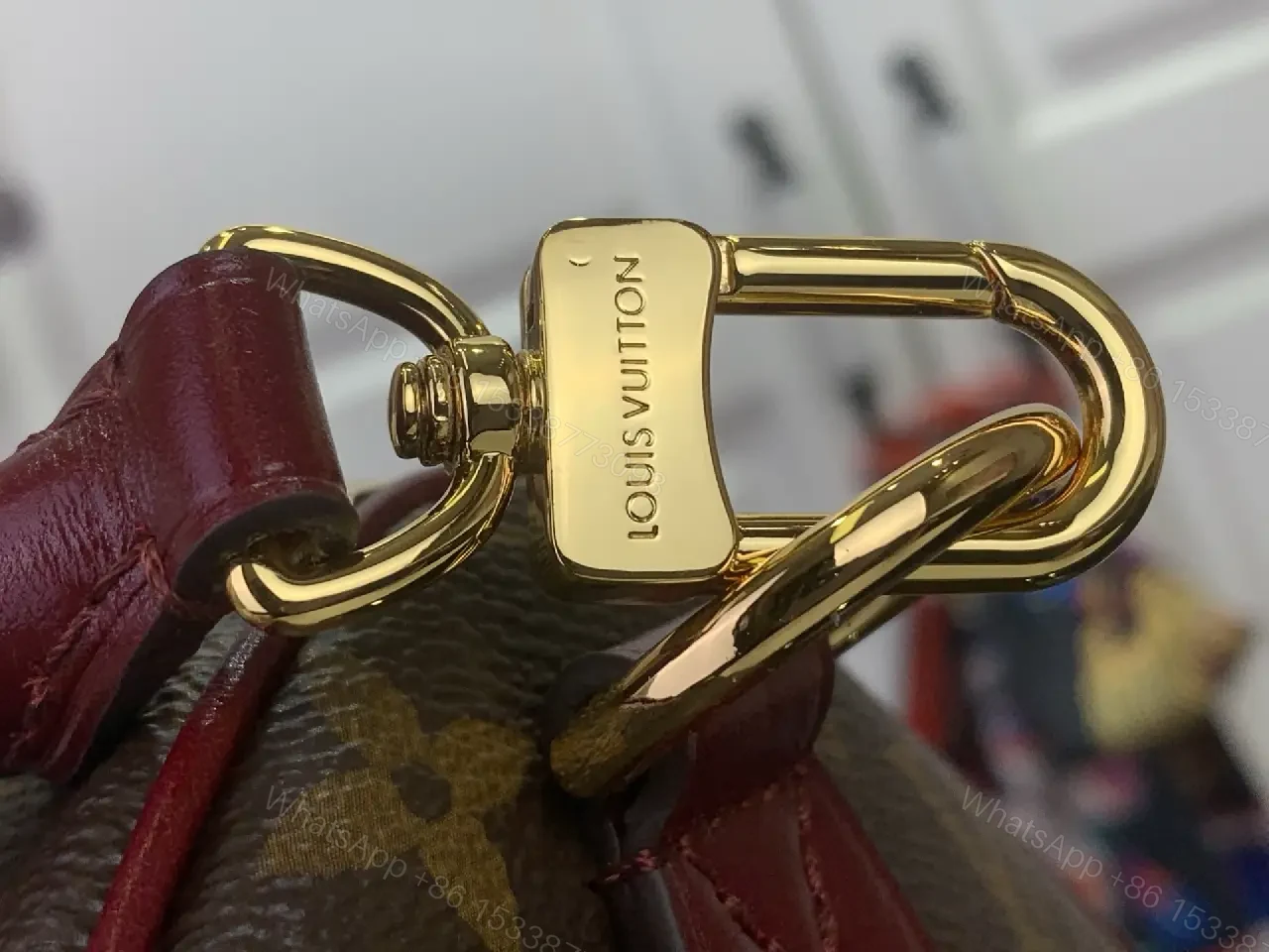 View 2 of Brown Canvas LV Monogram Travel Handbag with Burgundy Leather Trim