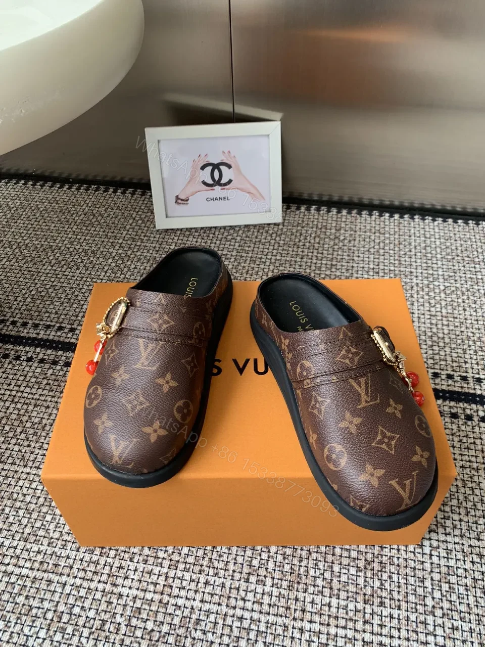 View 9 of Brown Monogram-Canvas Loafers with Gold Hardware, Slip-On Comfort