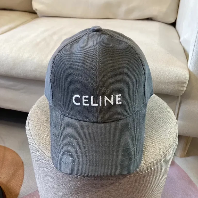 View 2 of CELINE Black Corduroy Cap with White Monogram Logo