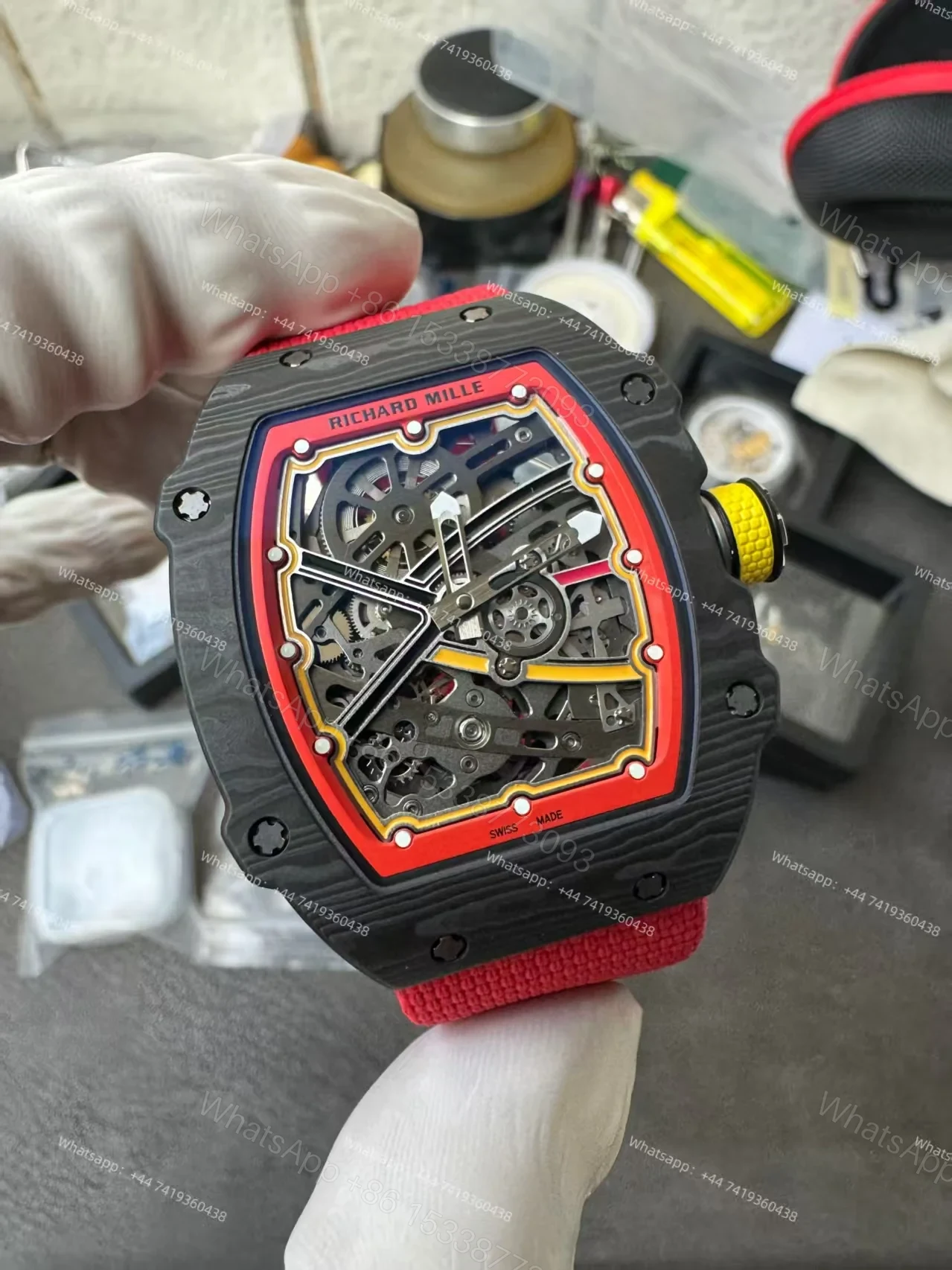 View 5 of Super Clone Richard Mille RM67-02 Carbon TPT Skeleton Tourbillon 1:1 Replica Watch with Red Strap