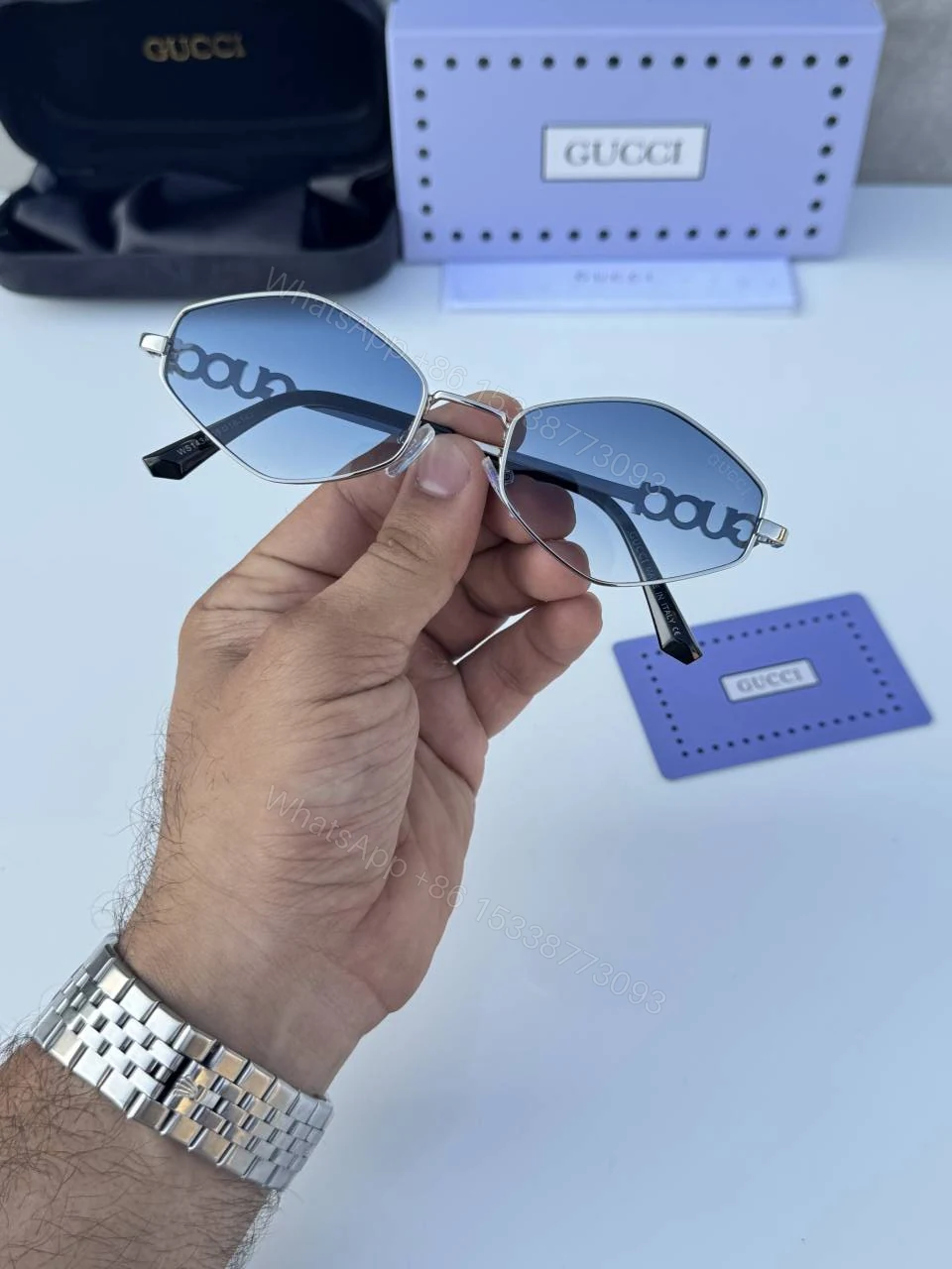 View 3 of First Copy Gucci 1434 Silver Blue Luxury Designer Sunglasses Premium UV Protection Eyewear