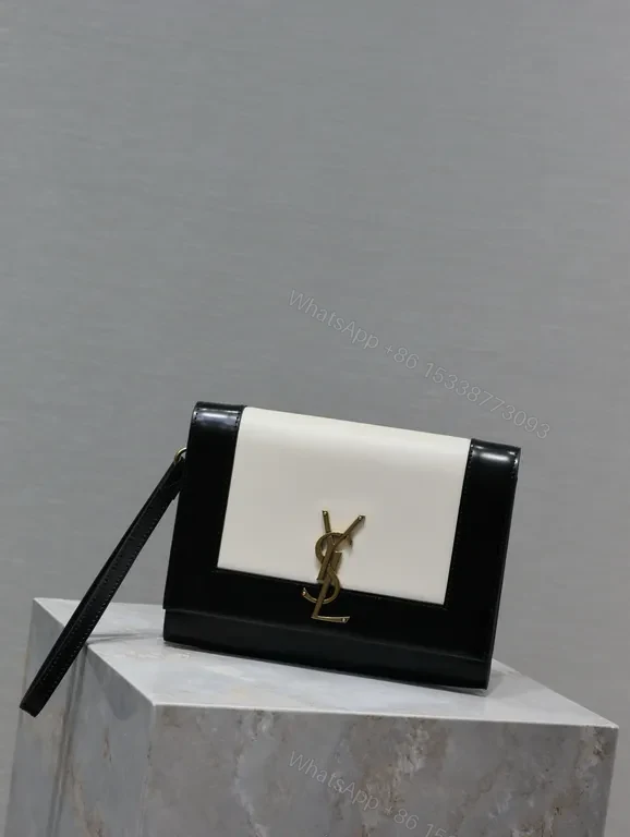 View 4 of Structured Leather Crossbody Clutch: Black/Ivory, YSL Hardware, Day-to-Night