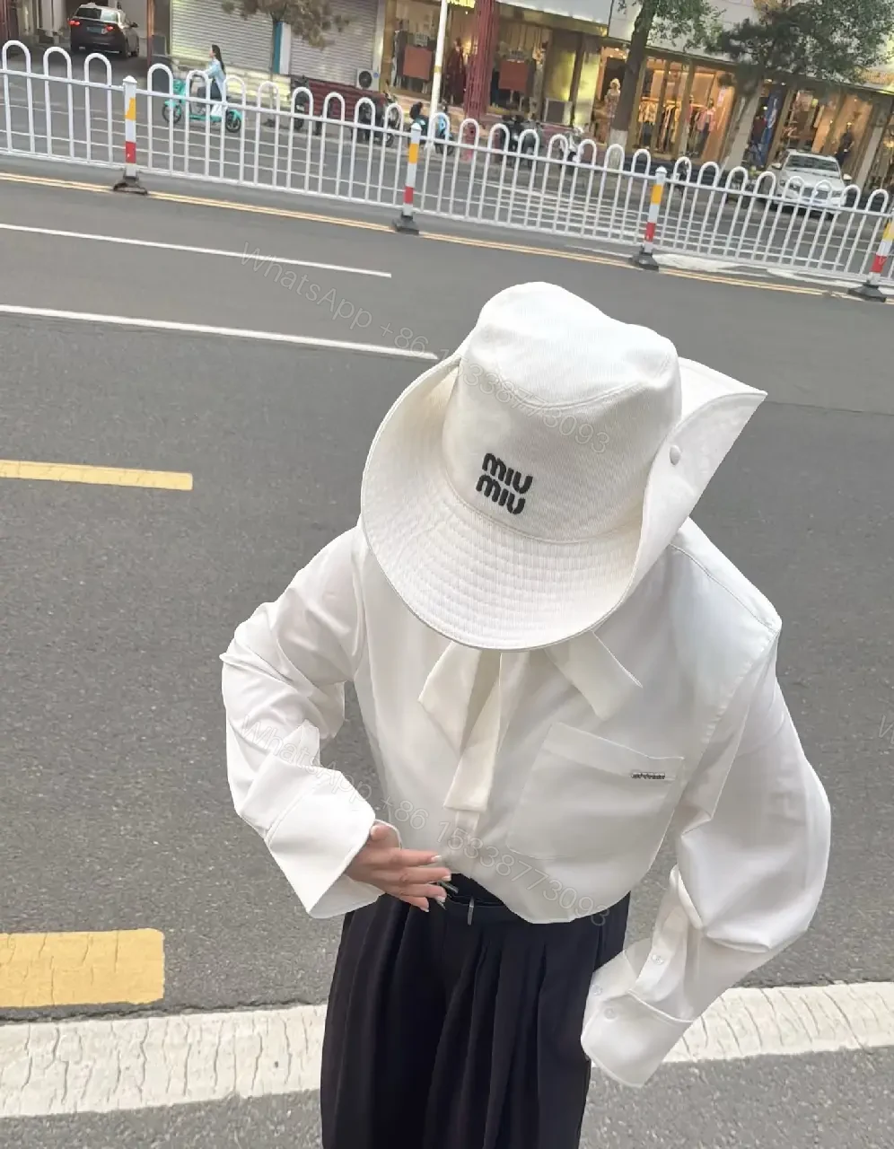 View 9 of White Cotton Wide-Brim Embroidered Logo Hat