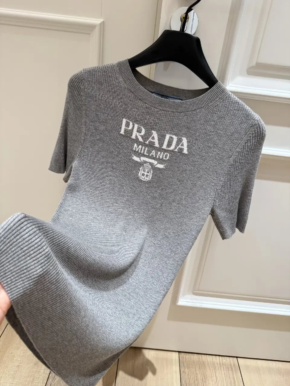 View 2 of Gray Heather Knit Tee, Relaxed Fit, Fine Rib Texture, Prada Logo