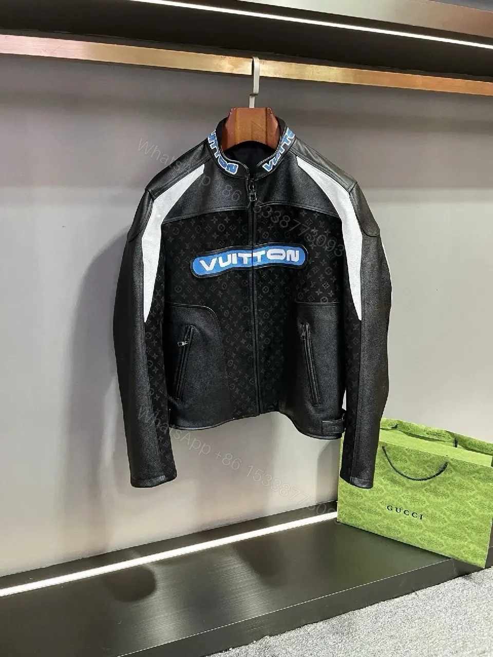 Bold Contrast Leather Jacket Monogram Panels, Luxe Style — view 1