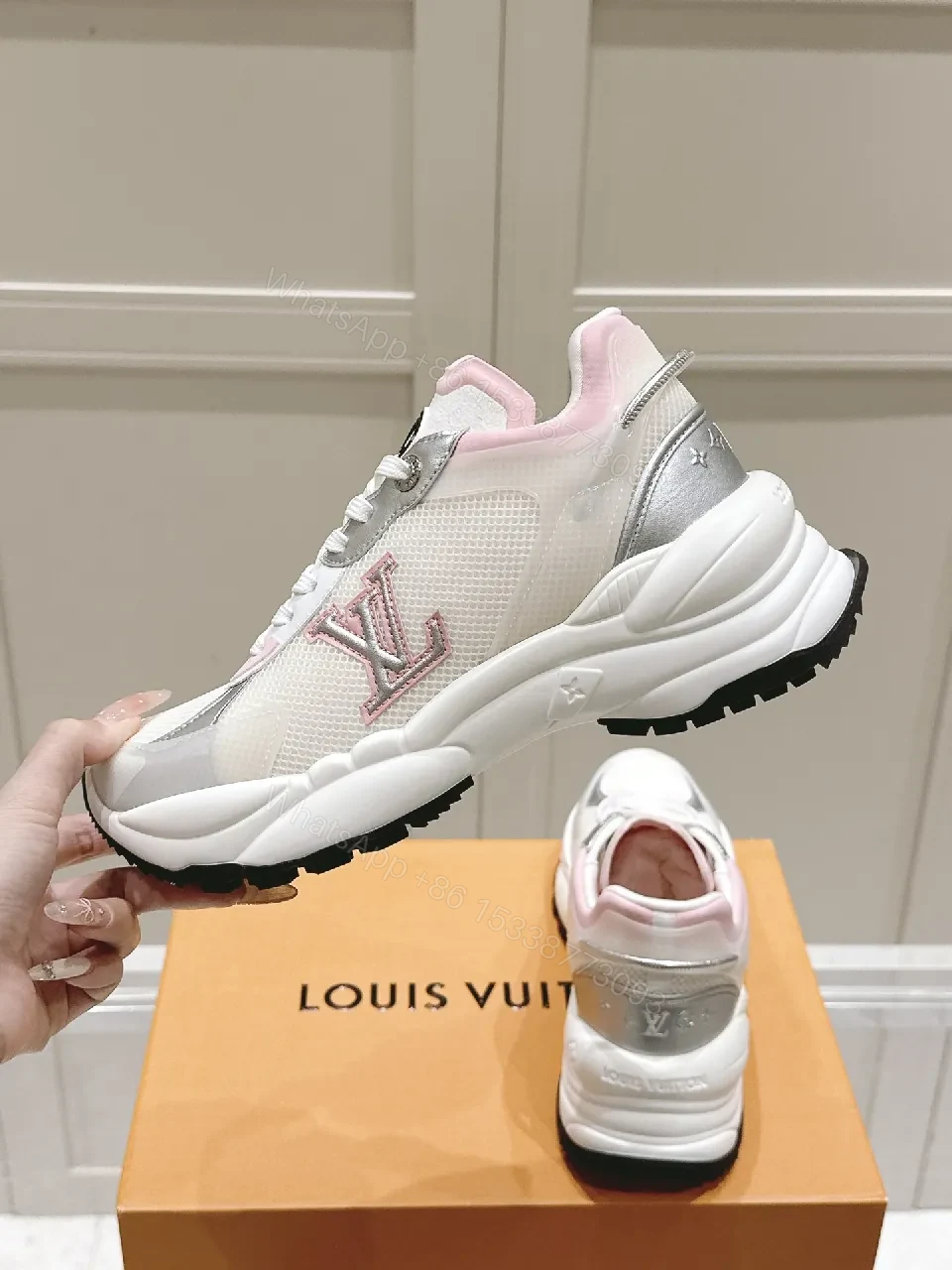 View 5 of White Pink Luxe Sneakers with LV-Style Detailing
