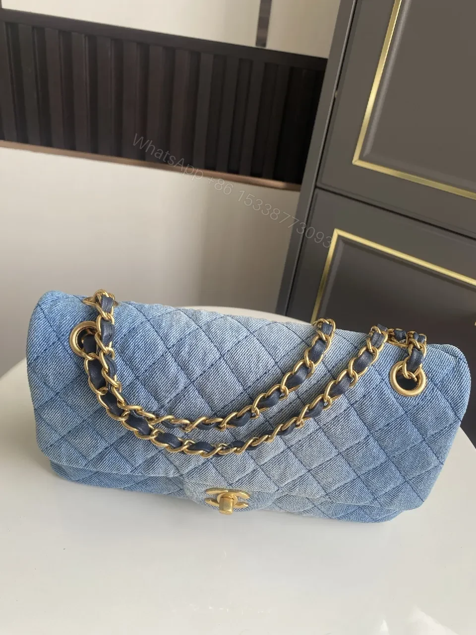 View 3 of Denim Quilted Bag — Gold Chain Flap, Everyday Luxury
