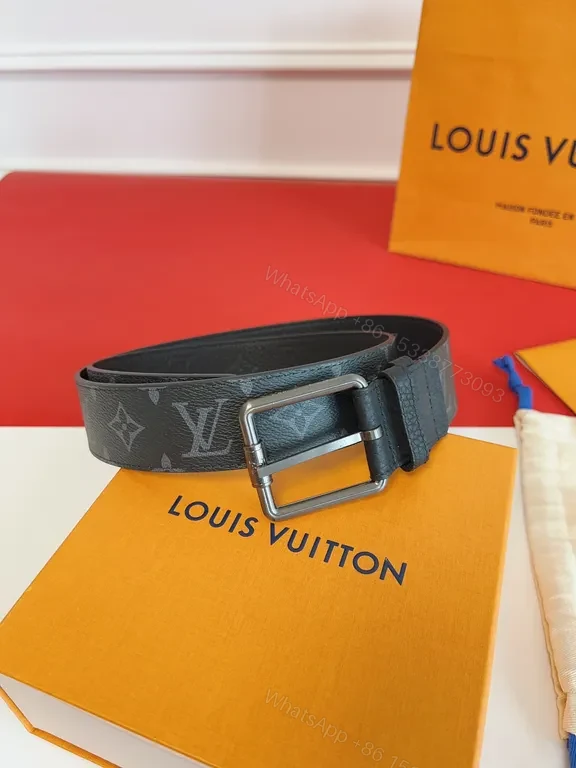 View 4 of Patterned LV Monogram Leather Belt with Silver Buckle - Luxury Style