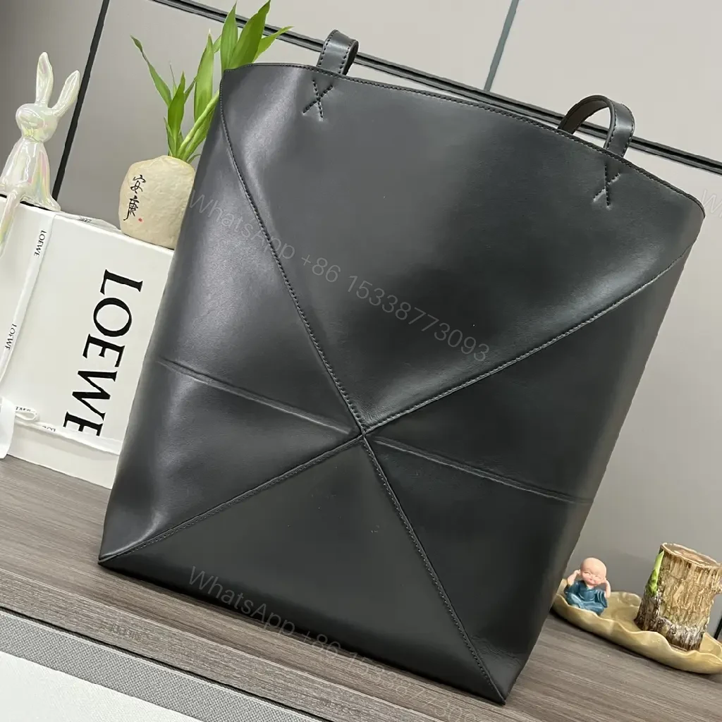 View 4 of Black Leather Structured Tote with Geometric Panels & Gold LOEWE Logo